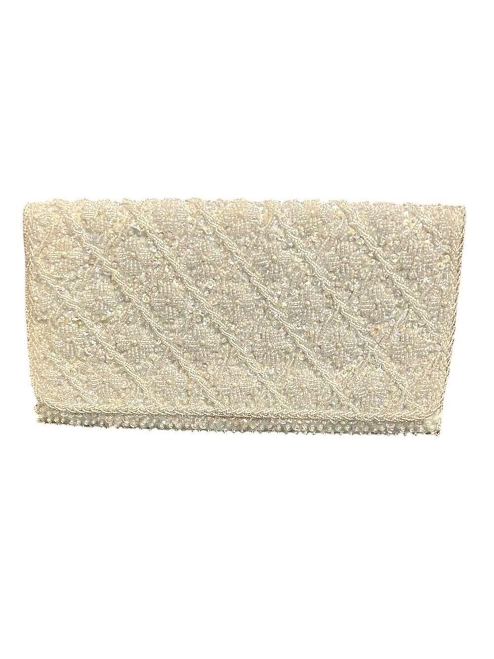 Vintage La Regale Beaded Sequined on Light Blue Satin Clutch Evening Purse 50’s